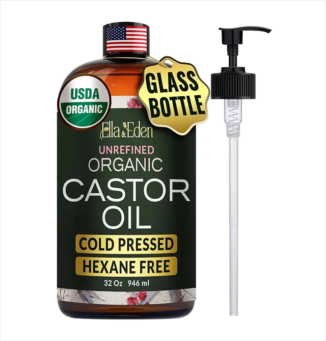 USDA Organic Castor Oil Cold-Pressed Hexane-Free - 32 Fl Oz Glass Bottle for Moisture & Nourishment Oil Nourishing Cosmetic Moisturize Body Oil