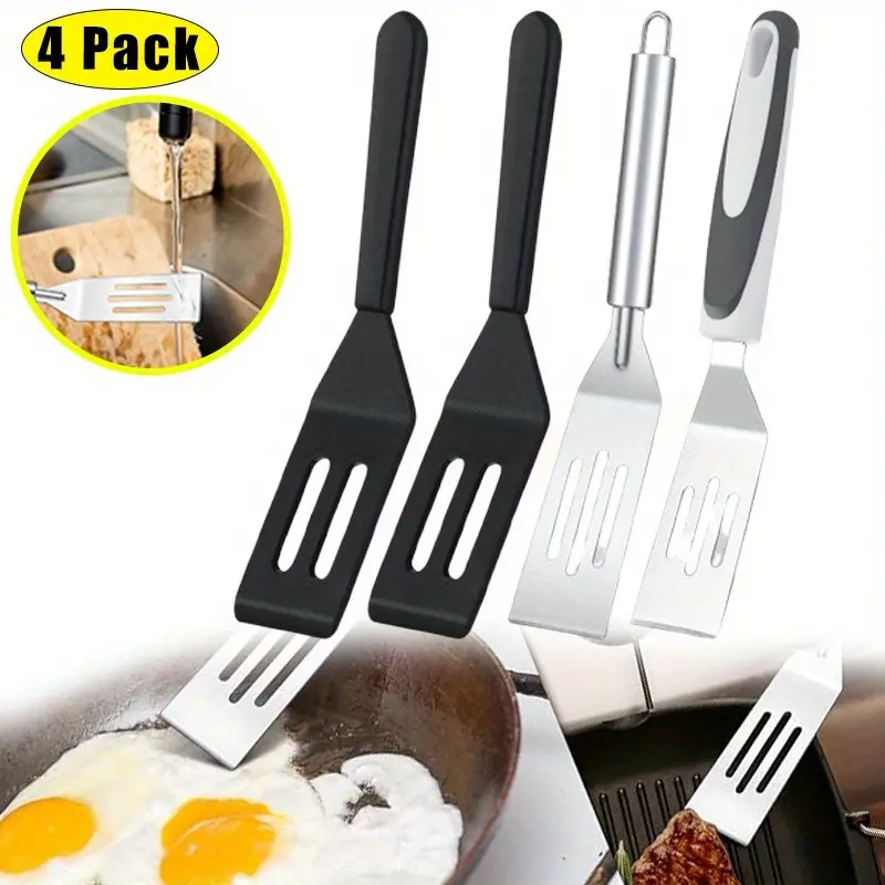 4 Pieces Mini Brownies Serving Spatula Set - Stainless Steel & Silicone Nonstick Slotted Spatula for Kitchen, Cutting & Serving Desserts, Small Frying Pan, Cookie