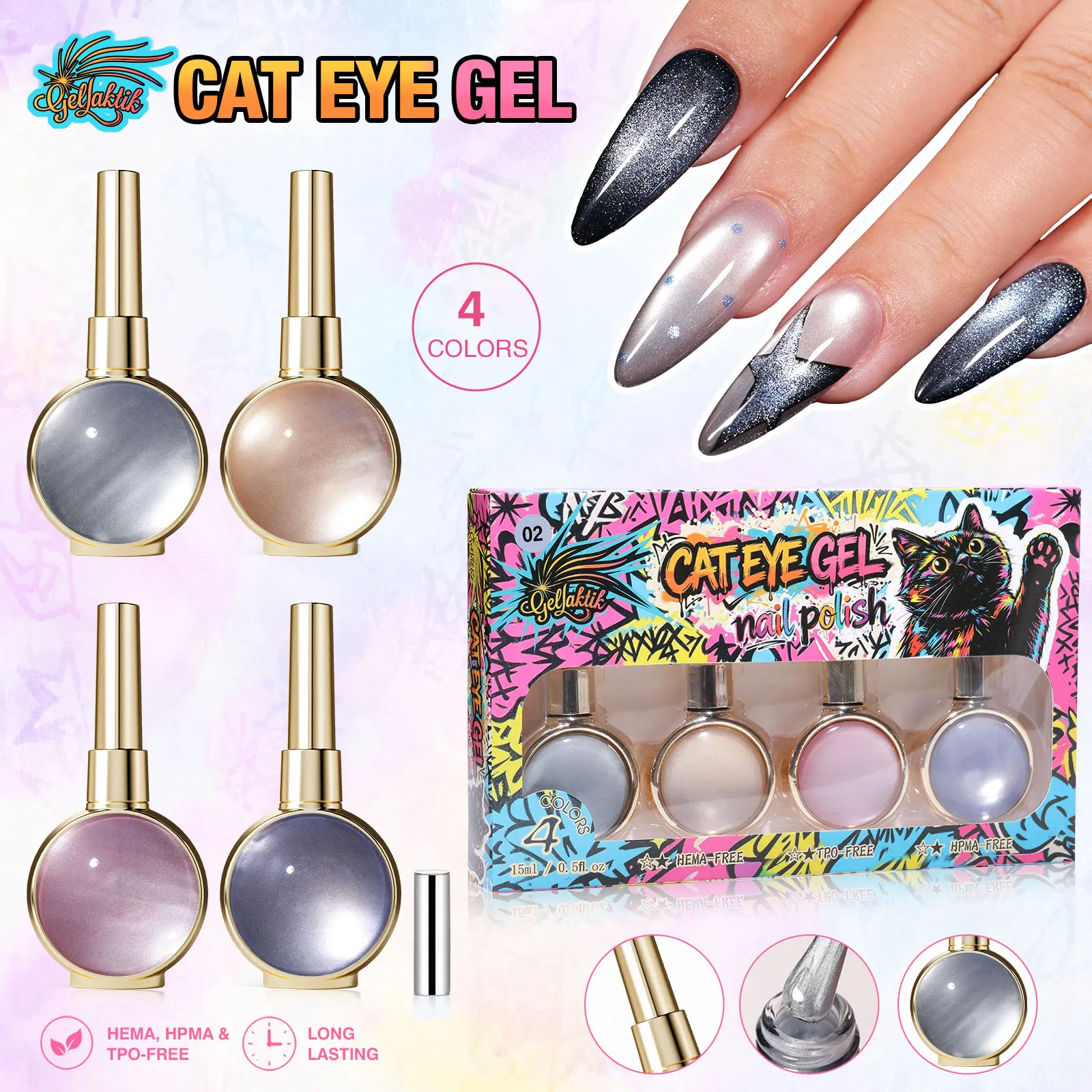 GELLAKTIK 4-Piece Cat Eye Magnetic Gel Polish Set, 15ml Soak Off Glitter Edition, UV/LED Cure Nail Art Kit for Women, Gel Nail Polish, Nail Art Products, 15Ml 0.5Fl.oz