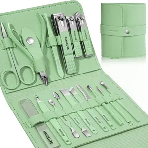 Professional 16-Piece Stainless Steel Manicure-Pedicure Kit, Lightweight Daily Nail Supplies with Smooth Thick-Nail Care Tools, Luxurious Travel Leather Case, Personalized Gift for Men (Green)