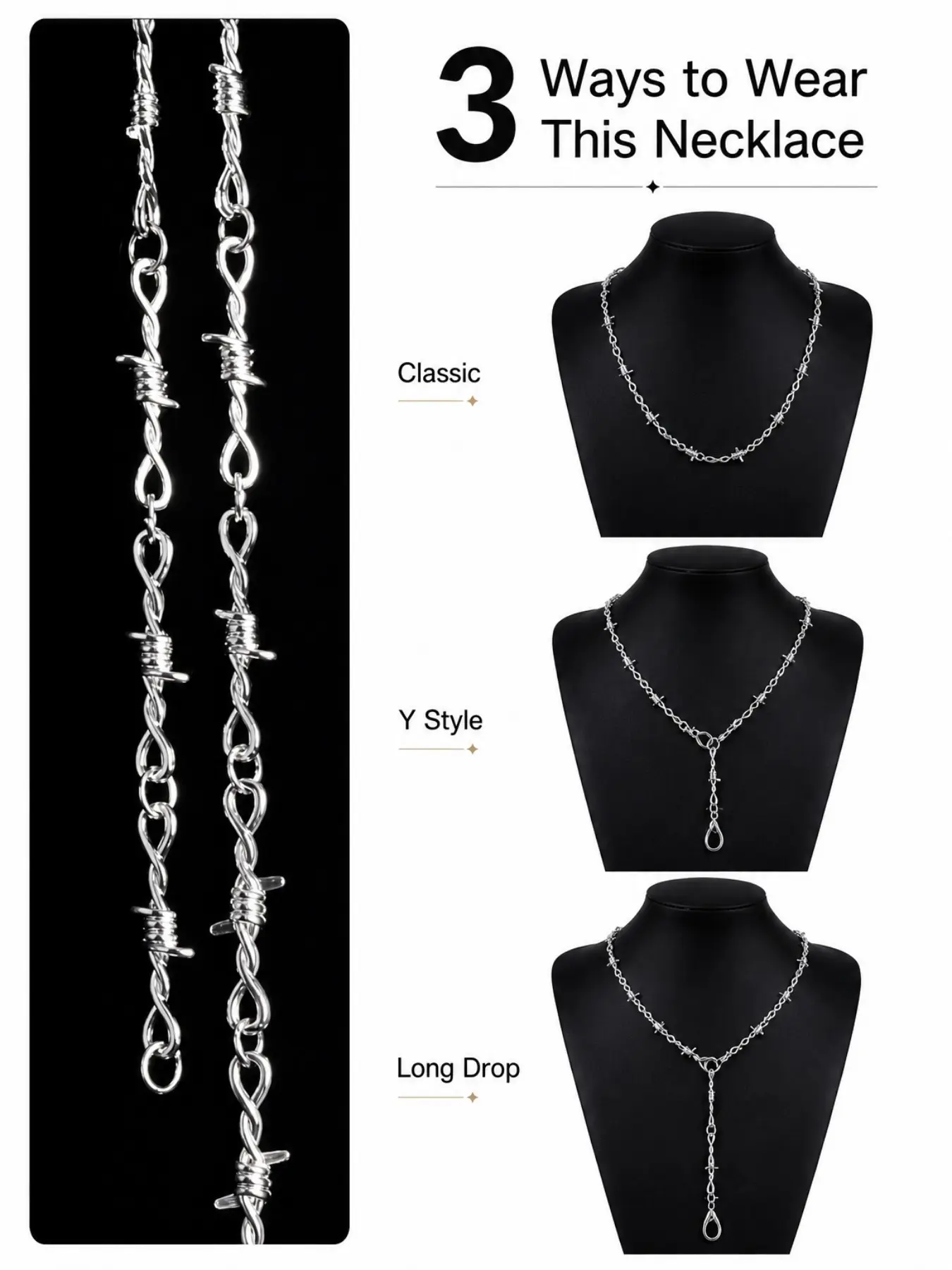 Punk Gothic Thorns Metal Barbed Wire Chain Chunky Necklace Bracelet Silver Jewelry for Men Women Adjustable Necklace Fashion Cool Accessories