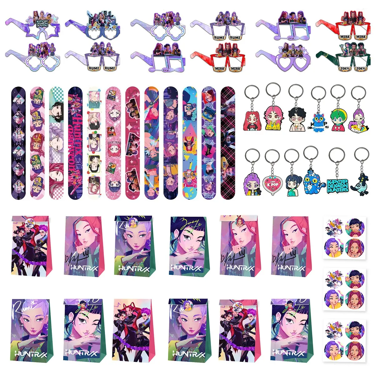 Korean cartoon girl group birthday party gift and game 4-piece set, 12 wristbands, 12 keychains, 12 gift bags, 12 decorative glasses, the best choice for fan gatherings