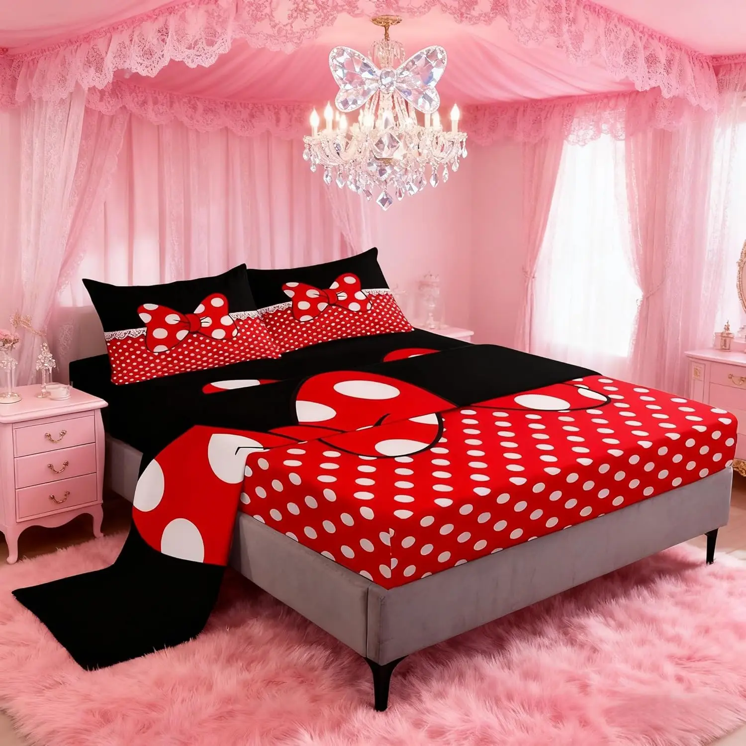 Bowknot Sheet Set,White Dots Bedding Set,Romantic Princess Style Red and Black Bed Sheet Set Deep Pocket Fitted Sheet + Flat Sheet
