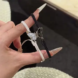 2pcs BFF Butterfly Braided Ankle Bracelets, Black Handmade Friendship Couples Adjustable Woven Anklet Set free for shipping