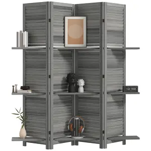 4 Panel Wood Privacy Screen – Gray. 67" Tall Room Divider. Louvered Slat Design + 3 Removable Shelves. Paulownia Wood + 9 Steel Hinges. 63" L x 67" H