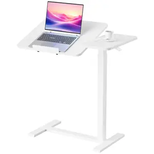 Sweetcrispy Adjustable Overbed Bedside Table with Gas Spring, Wheeled Mobility, Tilting Top Surface & Height-Adjustable Tray - Mobile Rolling Laptop PC Workstation for Bedroom, Hospital Use