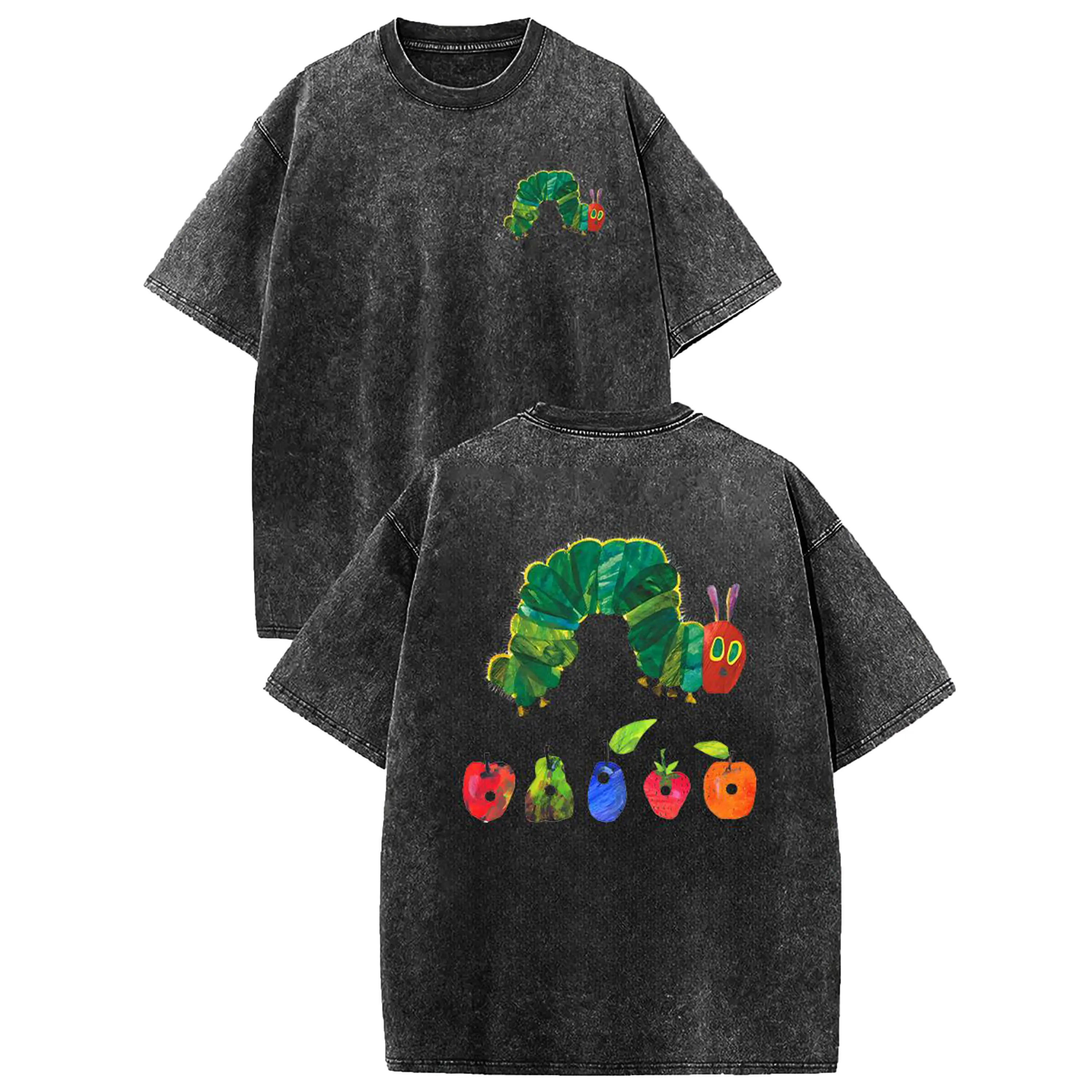 Women's Digitex Retro Round Neck Acid Wash T-Shirt - 230G Heavyweight Washed Cotton Fabric, Breathable Double-Sided Caterpillar Graphic, Short-Sleeve Classic Casual Tee for Streetwear, Everyday Wear, Soft, Top, Tshirt, Vintage, Acidwashed Style