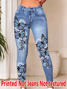 Women's Denim-Print Skinny Pants, Stylish Comfortable Fit Pants for Everyday Wear, Womenswear