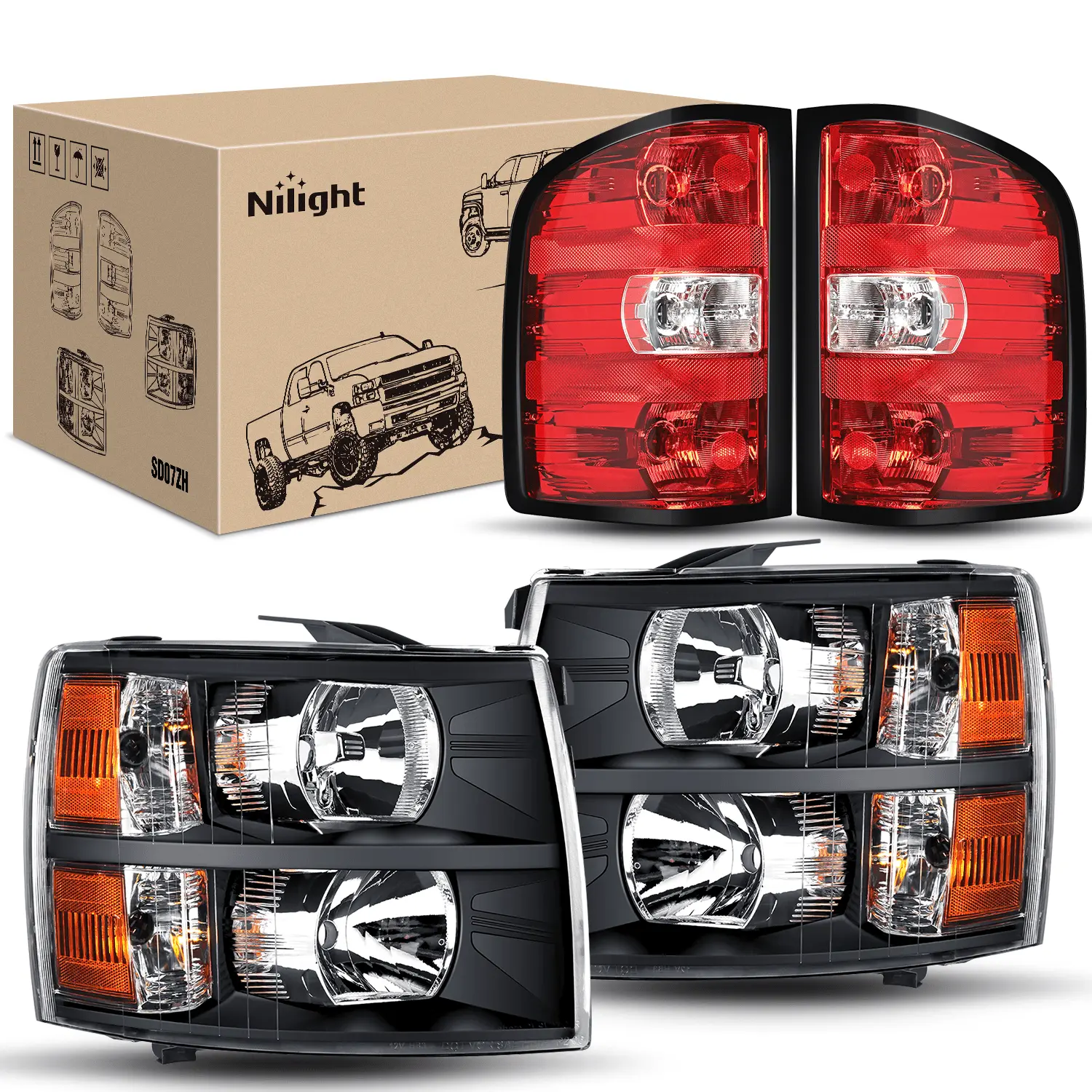 Nilight Car Light Set - Vehicle-Specific Fit Headlights & Rear Taillights for Chevy Silverado 1500 (2007-2013), 2500HD/3500HD (2007-2014), Black Housing Amber Reflector, Red Housing PP Polypropylene, Lights for Car, IP65, Night Safety, OE Socket Match