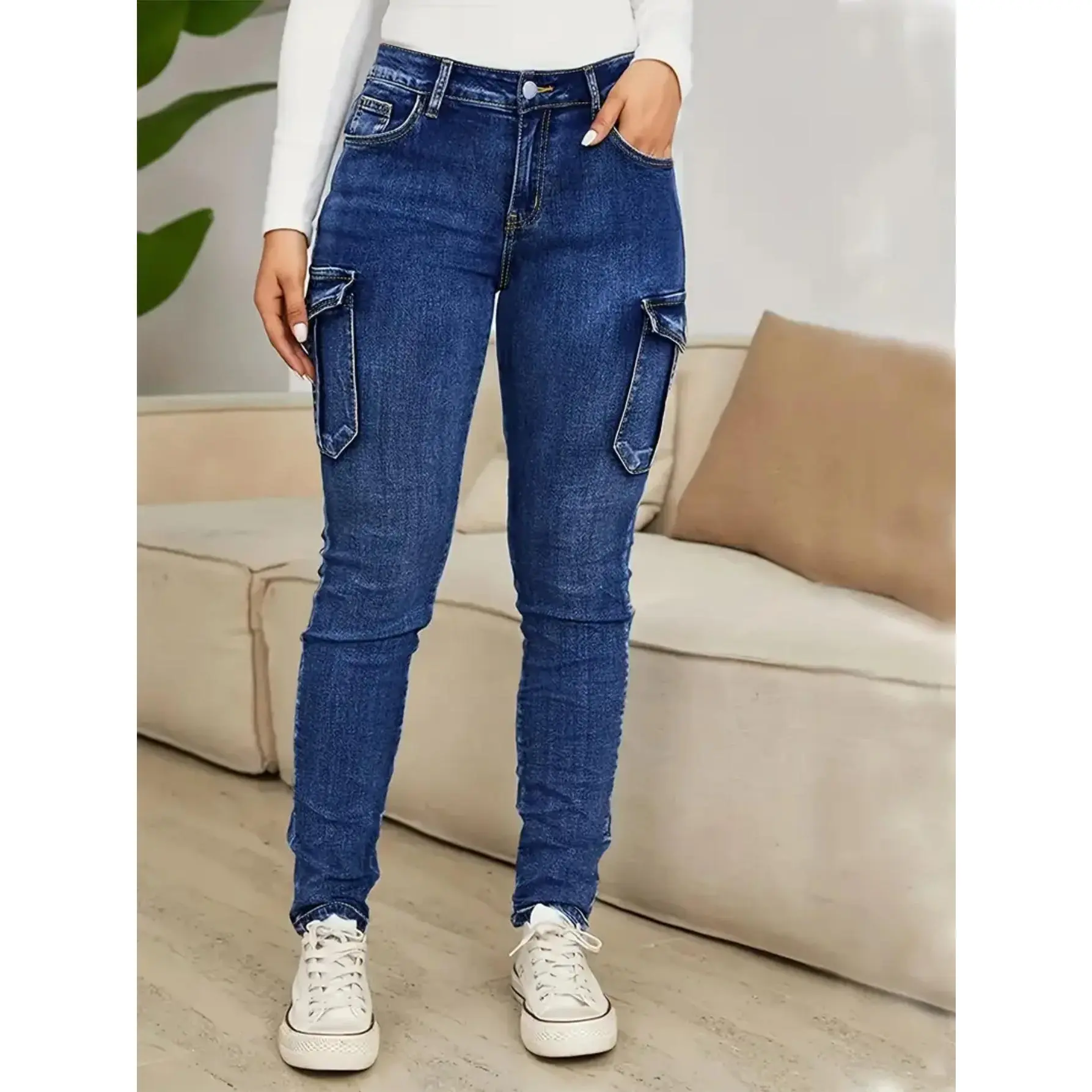 Women's Plus-Size Oversize High-Waisted Cotton Skinny Jeans - Elastic Fit Pants with Pocket, Zipper, Modest Streetwear Bottom