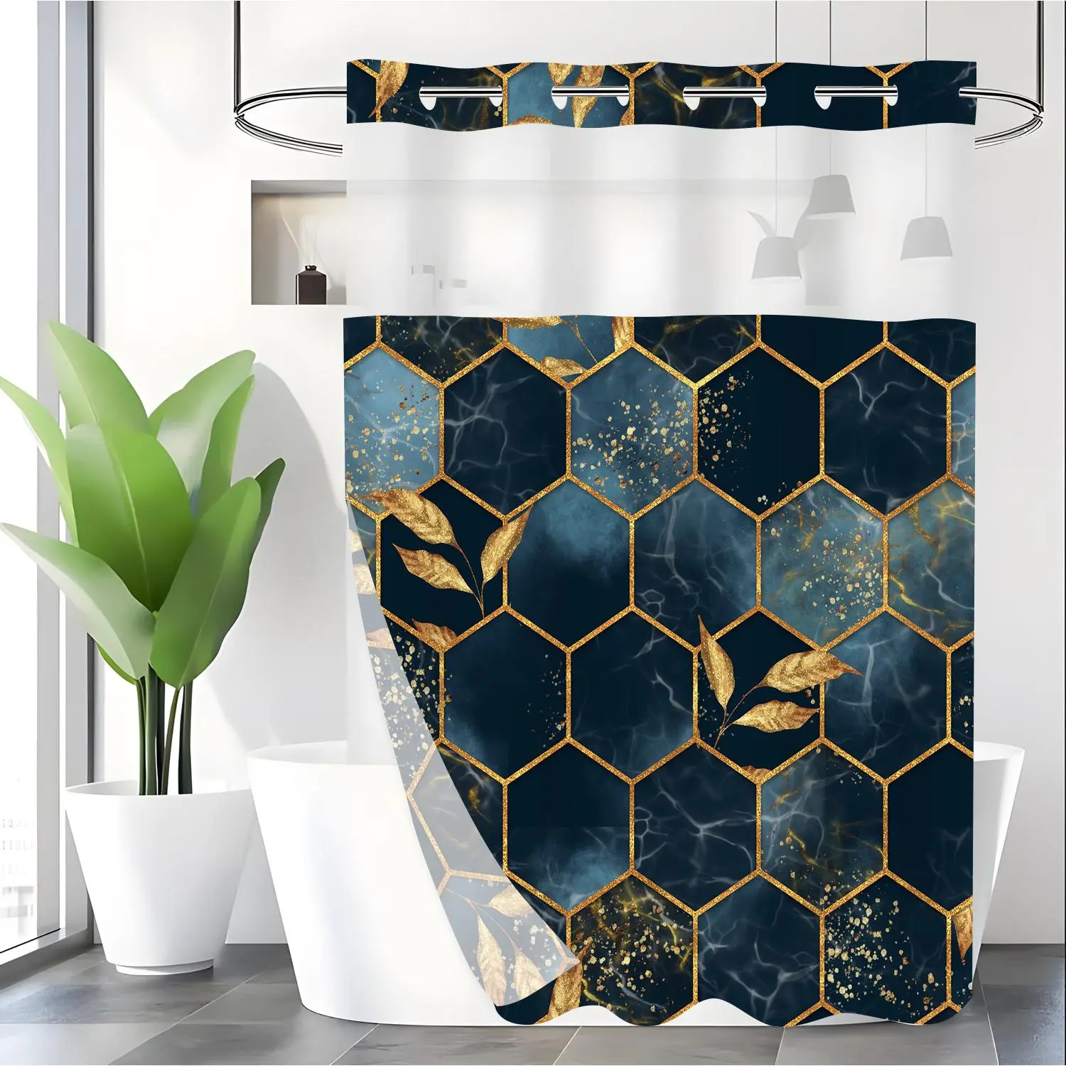 Leaf Honeycomb Pattern Geometric Modern Shower Curtain, 1 Count Waterproof Bathroom Curtain with 12pcs Hooks, Bathroom Decor Supplies for Home Hotel Salon Dormitory, Elegant Decorative Shower Curtain