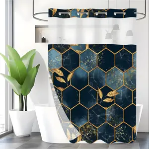 Leaf Honeycomb Pattern Geometric Modern Shower Curtain, 1 Count Waterproof Bathroom Curtain with 12pcs Hooks, Bathroom Decor Supplies for Home Hotel Salon Dormitory, Elegant Shower Curtain