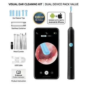 9-in-1 Smart Visual Ear Cleaning Kit with LED Light and Cleaning Brush, iOS/Android - Compatible Ear Care Tool -  Earwax Cleaning Kit wax removal camera waterproof endoscope wide angle ear cleaner Ear Wax Remover rechargeable wax removal tool battery dual