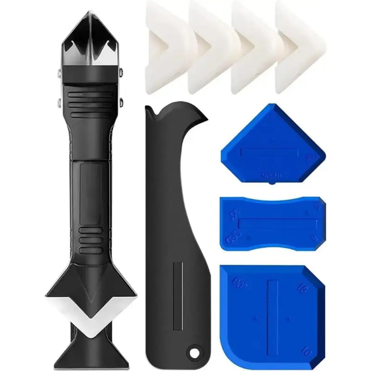 5-in-1 Multifunctional Stainless Steel Caulking Tool Kit - 1-Hand Grip Silicone Sealant Finisher, Flat Angle Scraper, Grout Remover, Sink & Glass Cement Opener for Bathroom, Kitchen (Smooth Finish)