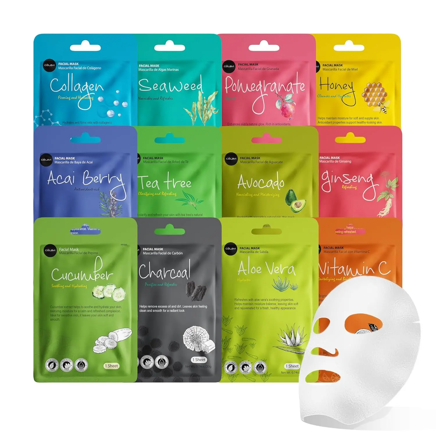 12-Pack Korean Face Masks, Hydrating & Firming Variety Set with Honey, Pomegranate & Avocado - Revitalizing Facial for Dry, Oily, Sensitive Skin, Charcoal, Vitamin C, Skin Repair