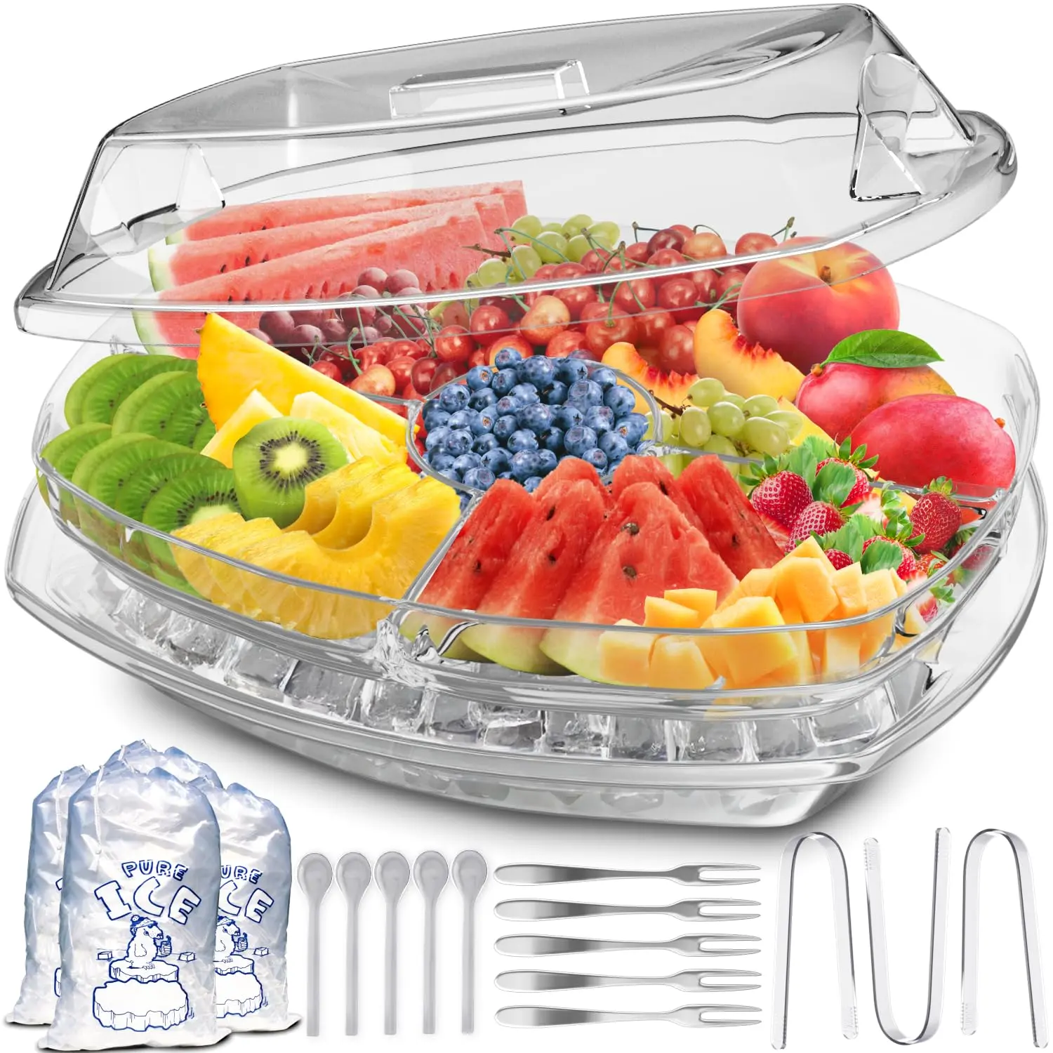 Chilled Serving Tray For Parties - 15" Ice Party Platter W/lid & Dip Holder Functional Cold Dish W/ 4 Compartments Fruits  Veggies Shrimp Cocktail Keeps Food Cool