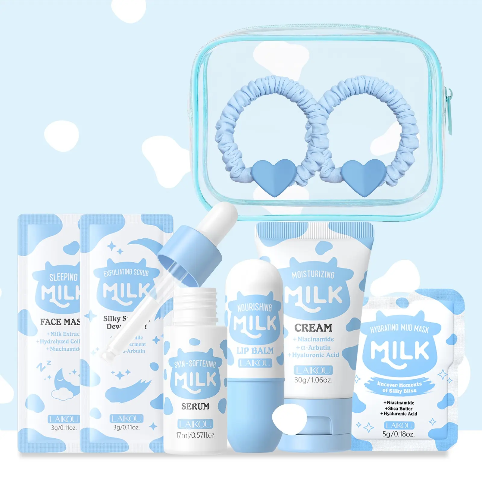 LAIKOU Milk 9in1 Portable Travel Skin Care Set, Daily Cleansing & Hydrating Kit, Perfect for Travel, Vacation & Daily Use