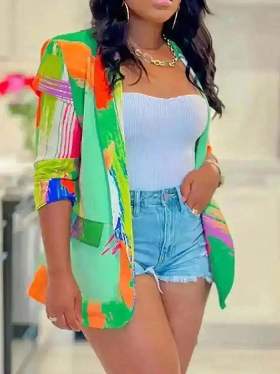 Versatile Women's Colorblock Print Blazer Coat, Casual Fitted Long Sleeve Multicolor Outerwear for Daily Wea, Comfortable Everyday Fit, Offers Protection from Breezy Days, Stylish and Comfortable Design