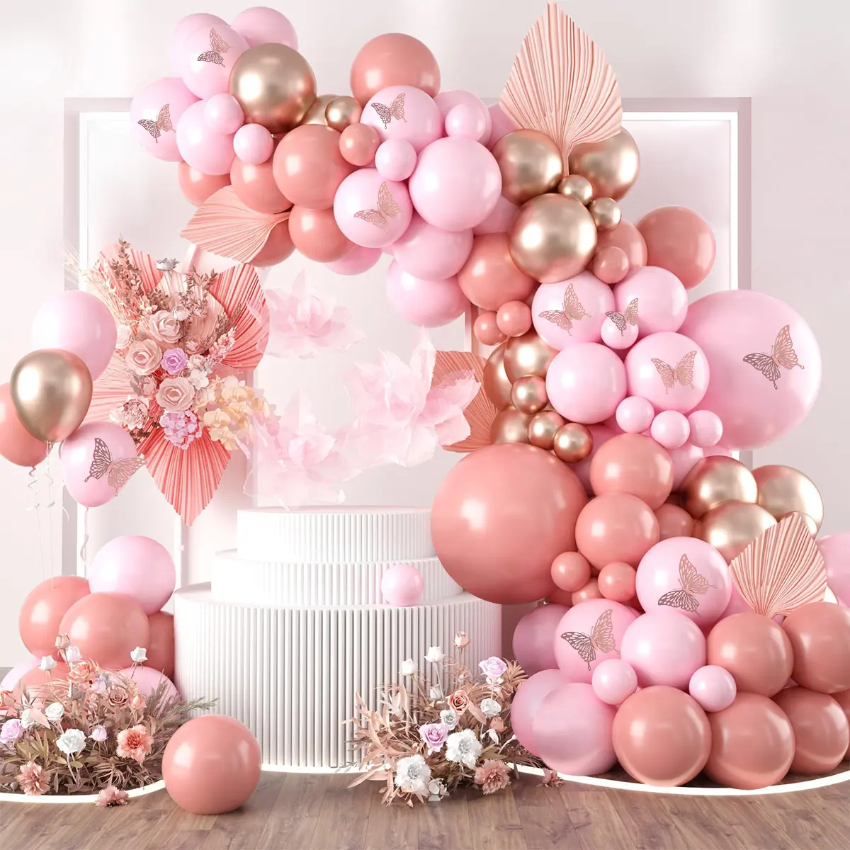 111pcs Retro Elegant Blush Pink Rose Gold Butterfly Balloon Set - Festive Party Decor for Birthday Celebrations, Anniversaries, Wedding Home Supplies