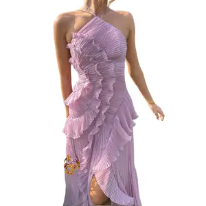 Women Ruffle Hem Pleated Sheer Mesh Long Maxi Dress Sleeveless Halter Neck Irregular Tiered Flowy Long Maxi Dresses For Wedding Guest Summer Holiday Beachwear