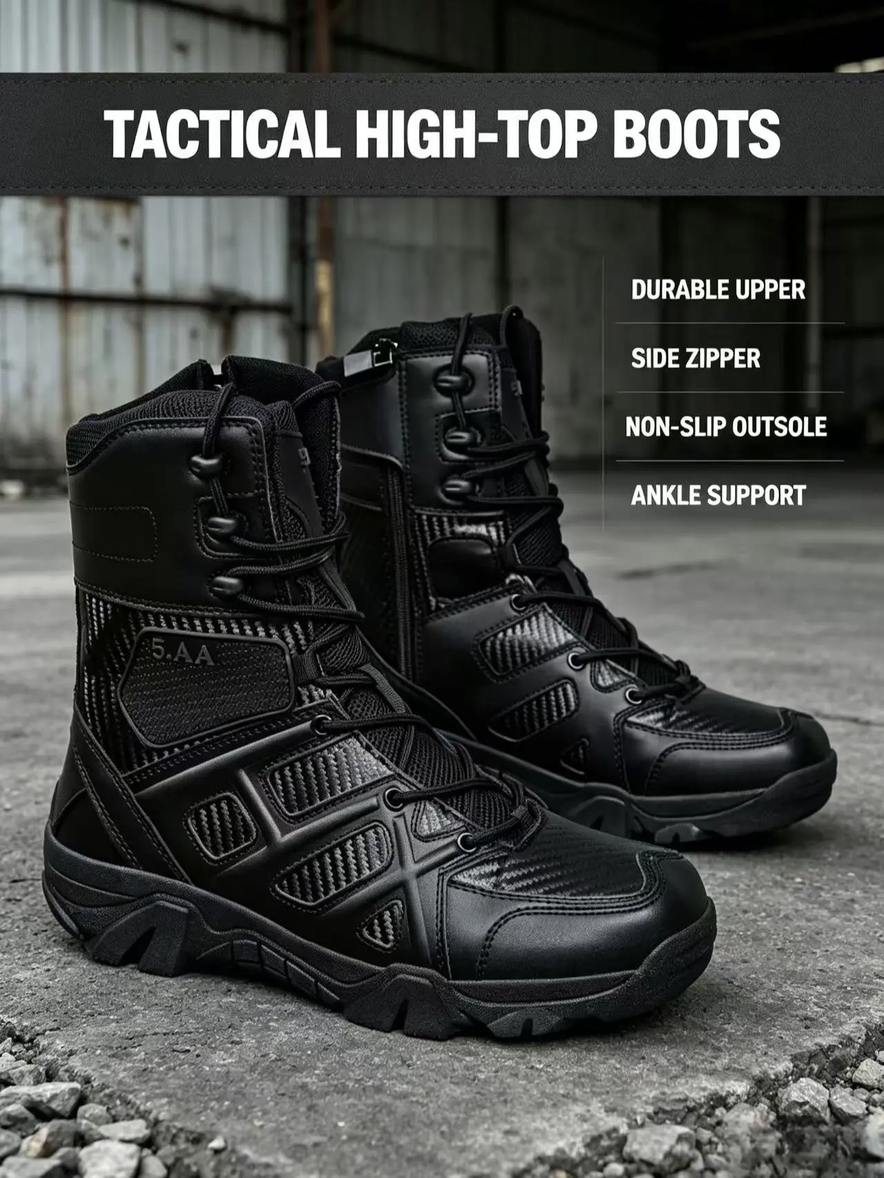 5.AA Men’s High Top Outdoor Work Hiking Boots, Breathable PU Leather Fabric Footwear With Side Zipper, Lightweight Wear Resistant Non Slip Rubber Sole Shoes For Trekking Camping Wilderness Walking Daily Outdoor Activities