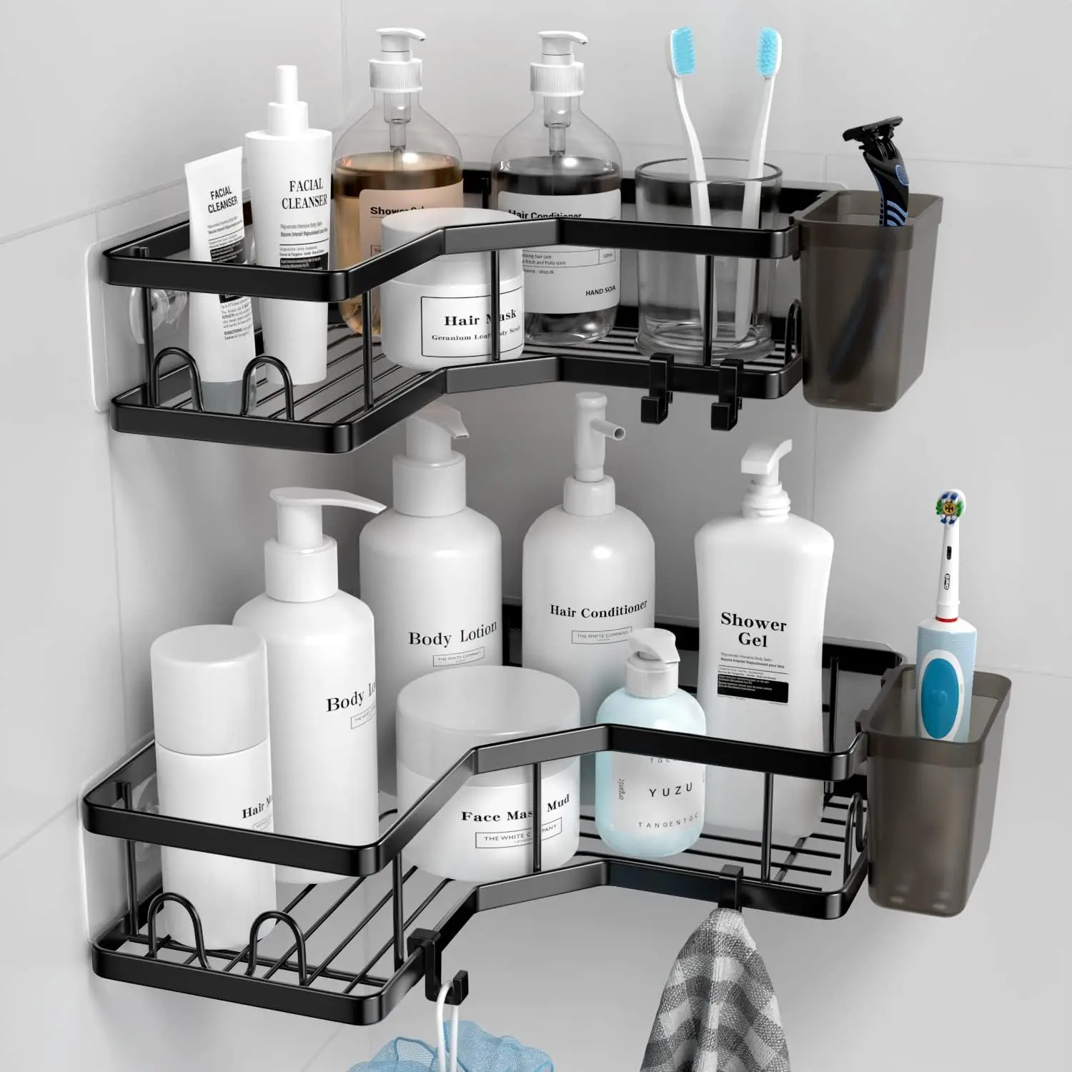 Corner Shower Caddy, 2-Pack Shower Organizer Corner with Soap Holder and 4 Removable Hooks, Rustproof Corner Shower Shelves, No Drilling Shower Shelf for Inside Showerm, Jabukosu