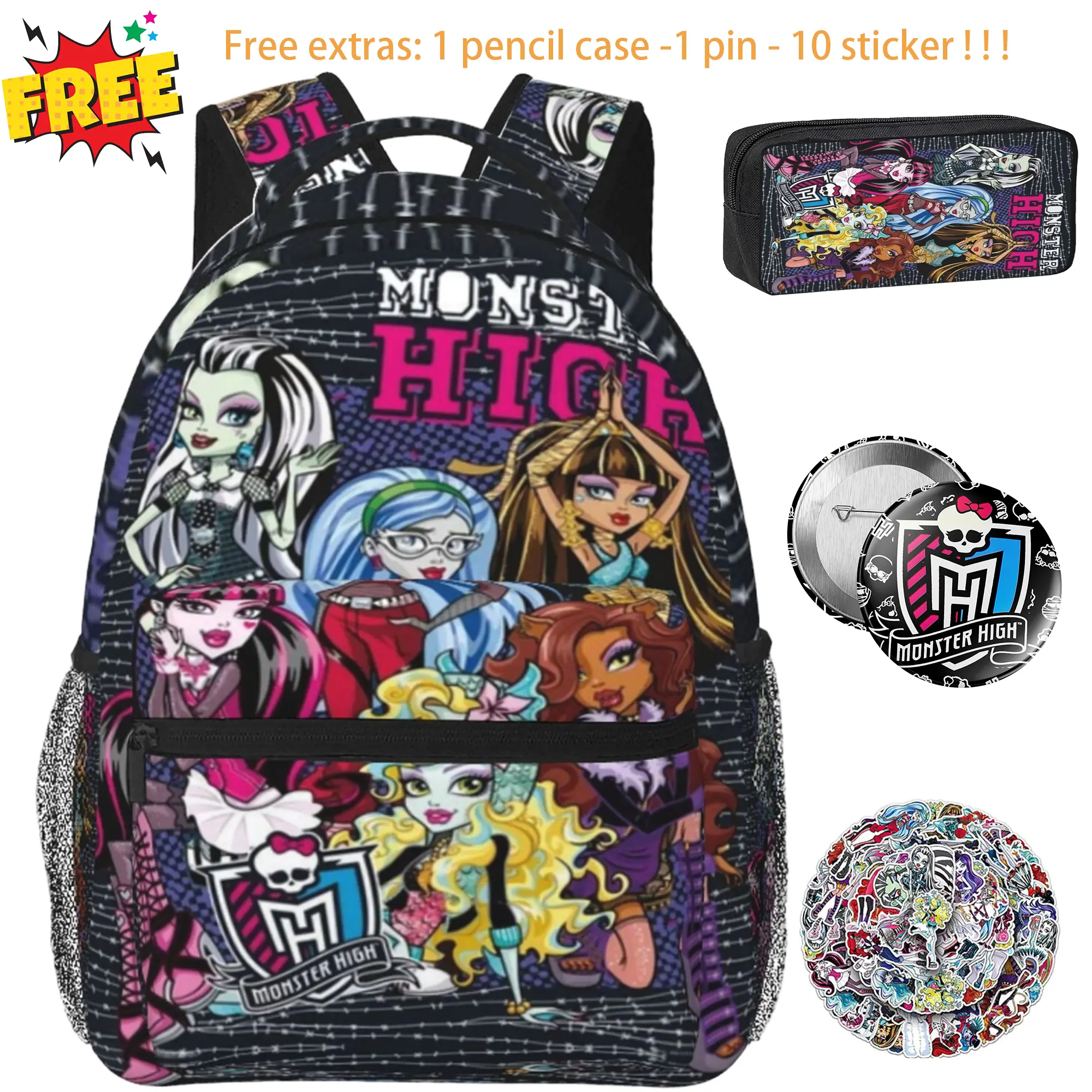 Trendy Monster High Large Capacity Backpack Lightweight Ergonomic College Bookbag, Multi Slot Laptop Shoulder Bag for Men Women High School Travel, Excellent Gift for Spooky Style Fans, Family & BFF