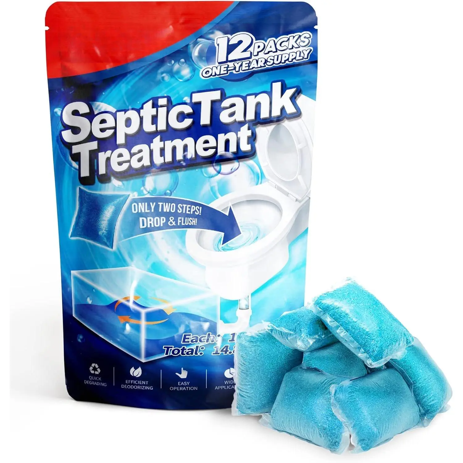 Septic Tank  12 count for 1-Year , Dissolvable Packs with Easy Operation, Durable Biodegradable Enzymes for Wastes, Greases & Odors, Blue, 2X Efficiency