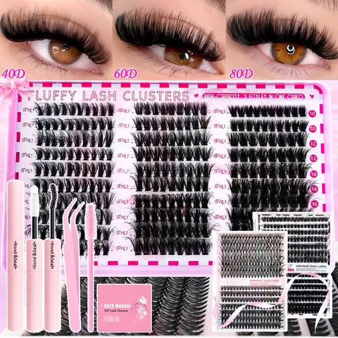 300Pcs/280Pcs Volume Eyelash Clusters, Volume Cluster Lashes, DIY Eyelash Extension Kit with Glue, Tweezers and Brush, D Curl 10-18mm Mix Lengths Individual Cluster Grafting Eyelash, Long Thick Cat Eye Style, Suitable for Daily, Stage, Imitation Makeup