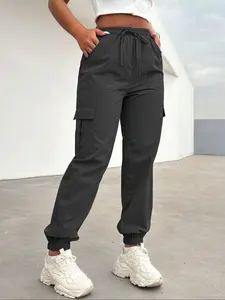 Women's Solid Adjustable Drawstring Waist Cargo Pants, Casual Fashion Pants, Casual Comfy Pocket Elastic Waist Trousers for Daily Wear, Ladies Bottoms for All Seasons, Fit