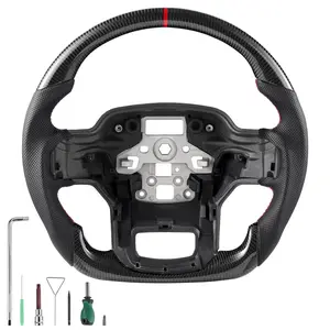 【FathersDayGift】 VEVOR Steering Wheel for 2021-2024 Ford F150, Carbon Fiber Steering Wheel D-Shaped Flat-Bottom, Leather Grip with Non-Slip Texture & Precise Stitching, Accessories Replacement for Ford F150, Black