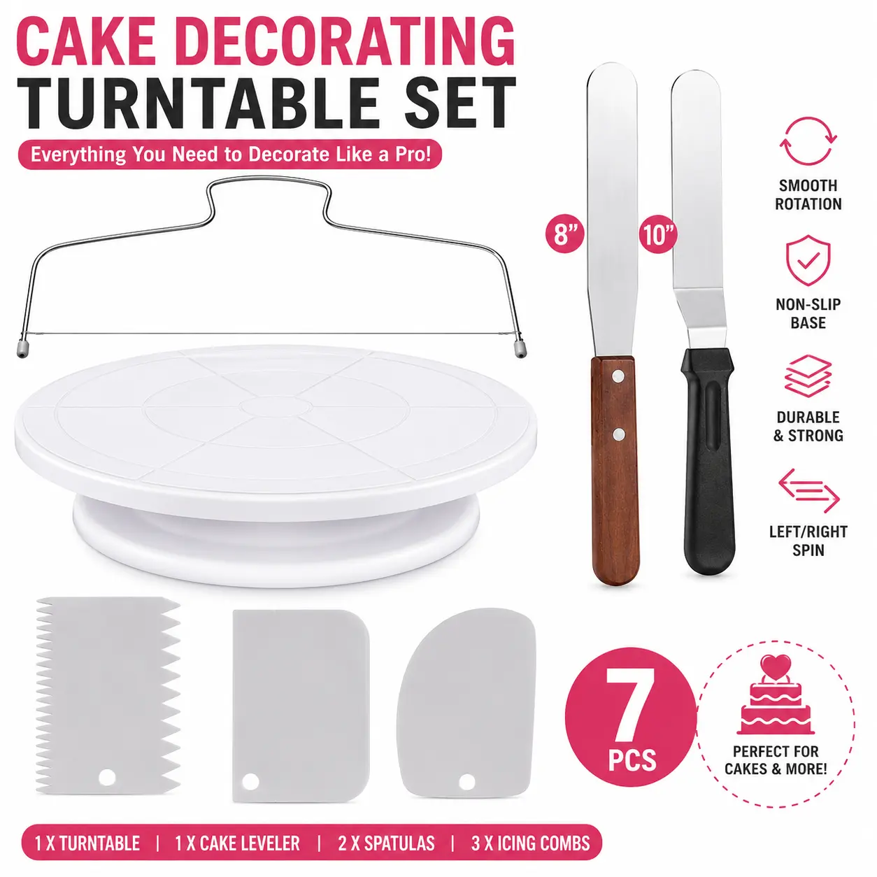 Cake Decorating Turntable Set – 11"/12" Revolving Stand + 3 Icing Combs/Smoothers + 2 Angled Spatulas (6"/8" or 8"/10"), Non-Slip Base, Left/Right Spin (White/Aluminum)