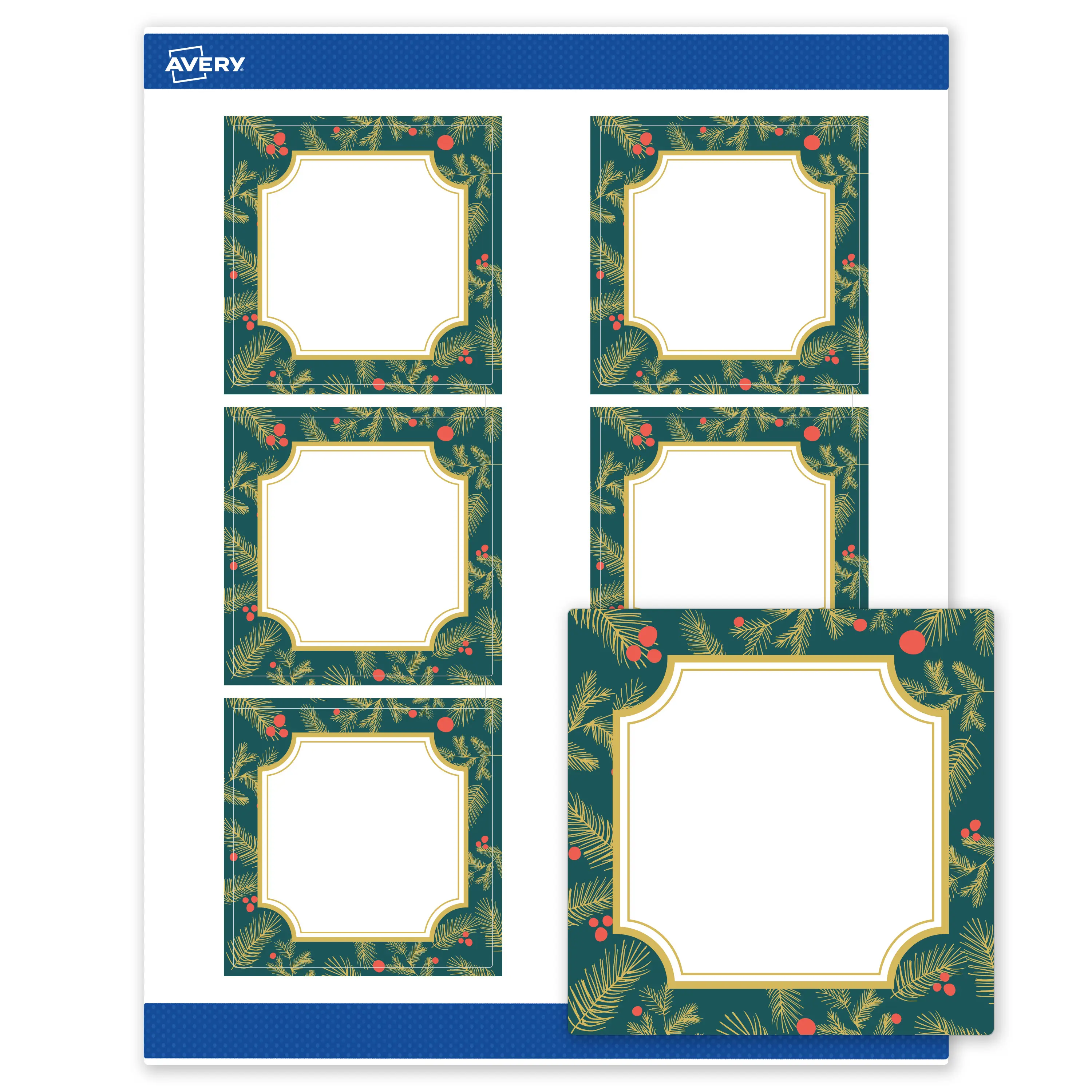 Avery® Printable Christmas Labels with Sure Feed® Technology, Square, 3" x 3", Pre-Printed Teal & Metallic Gold Border with Holly Design, Matte White, Laser & Inkjet Compatible, 60 Total