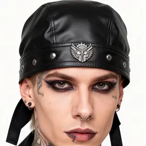 Men Pirate Cap Leather Headwrap Bandana Adjustable Ties Silver Wing Double Pistol Rivet Doo Rags Motorcycle Biker Hair Bonnets Hat Accessories Street Moto