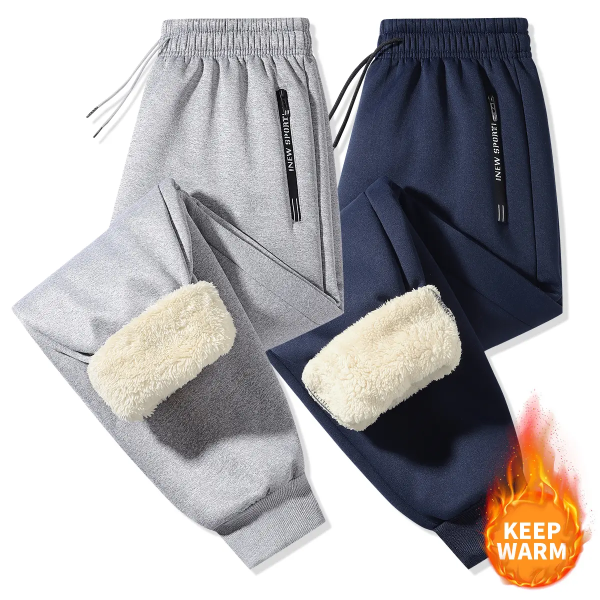 Men's Slim-Fitting Plain Fleece-Lined Joggers - Warm Male Sweatpants with Zip Pockets for Outdoor Hiking, Cold Weather