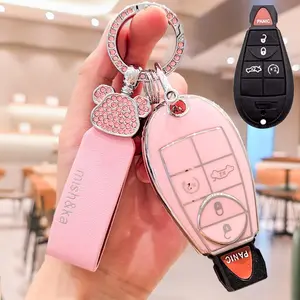 Car Key Case, 1 Count Rhinestone Decor Car Key Protector with Keychain, Car Key Case for Jeep Grand Cherokee 09-12 Chrysler 300 Dodge Charger RAM
