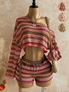 Holiday 2pcs Women's Striped Asymmetrical Shoulder Long Sleeve Top And Shorts Set，Women's Vacation Colorful Striped Set, Casual Summer, Stylish Two-Piece Ensemble, Perfect for Travel and Daily Wear, Womenswear