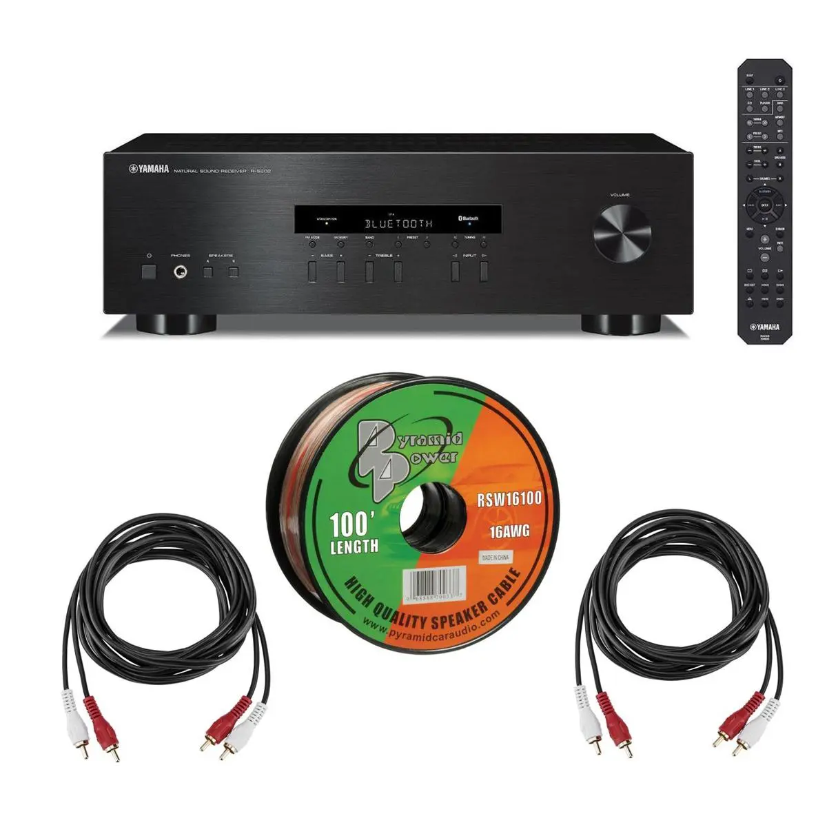 Yamaha R-S202 Stereo Receiver with Bluetooth, Bundle with Speaker Wire and RCA Cables