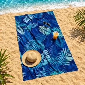 Deep blue tropical palm leaf printed quick-drying super-fiber beach towel picnic mat, lightweight anti-sand super absorbent towel, multi-purpose, can be used as beach mat, bath towel, ideal summer vacation, swimming pool, outdoor travel, camping trip