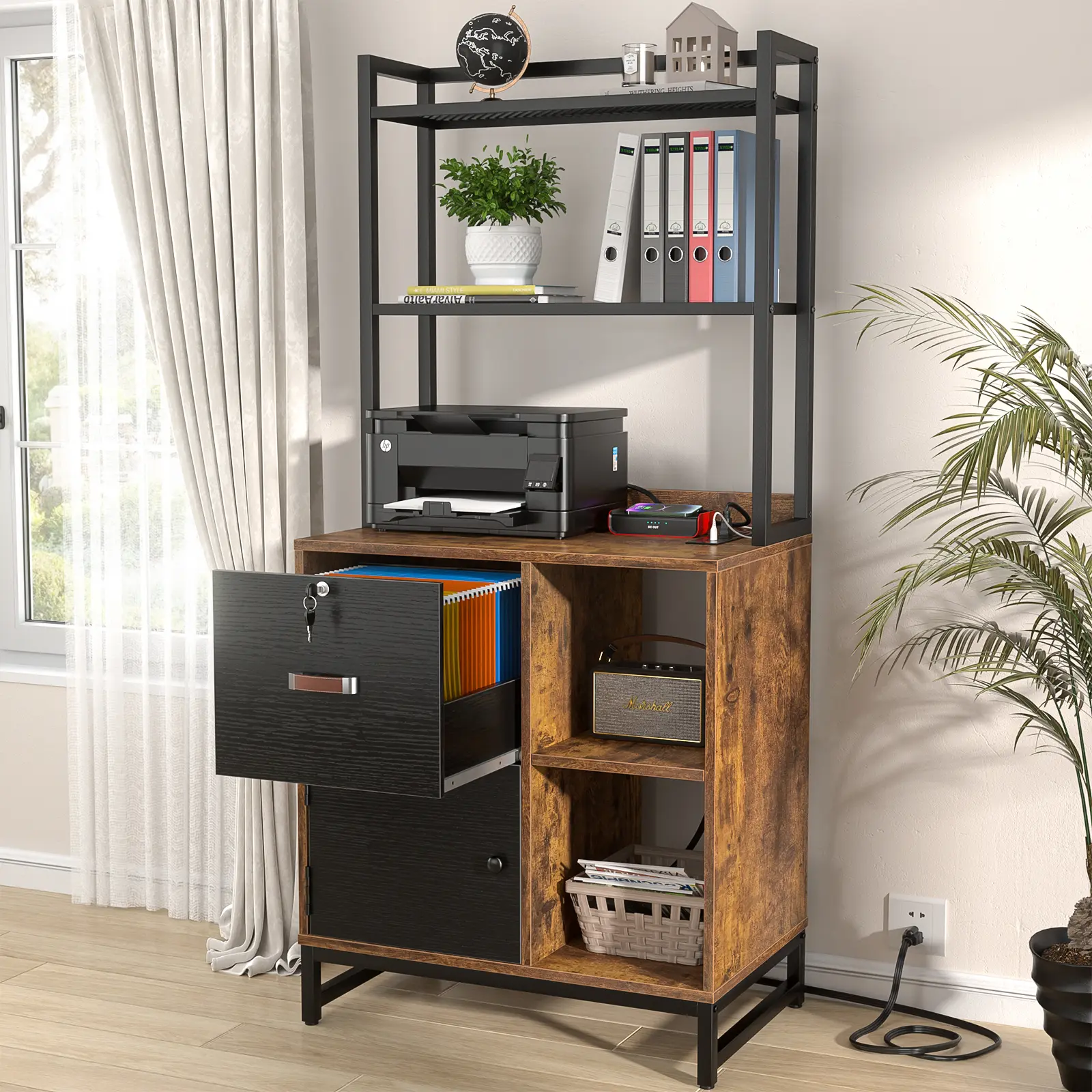 Vertical Filing Cabinet with Lock & Charging Station, Large Drawer Wood File Cabinet with Bookshelf, Printer Stand with Open Storage Shelf