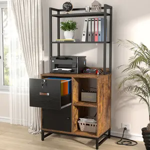 Vertical Filing Cabinet with Lock & Charging Station, Large Drawer Wood File Cabinet with Bookshelf, Printer Stand with Open Storage Shelf