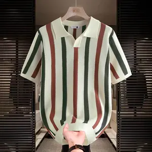 Men’s Striped Openwork Knit Polo Shirt - Summer Menswear Fashion Apparel, Color-Block Vertical Stripes, V-Neck Shortsleeve, Breathable Mature Casual Versatile Everyday Commuter Top #SummerWins