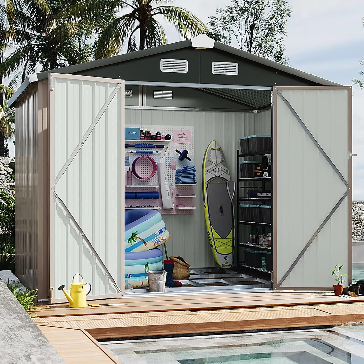 Aoxun 0604/0806/1210 Storage Shed with Basic Outdoor Steel Garden Utility Cabinet - Metal Frame Base, Lockable Door, Moisture & Rust Prevention, No Floor Included - Ideal for Garden, Patio Storage Organization