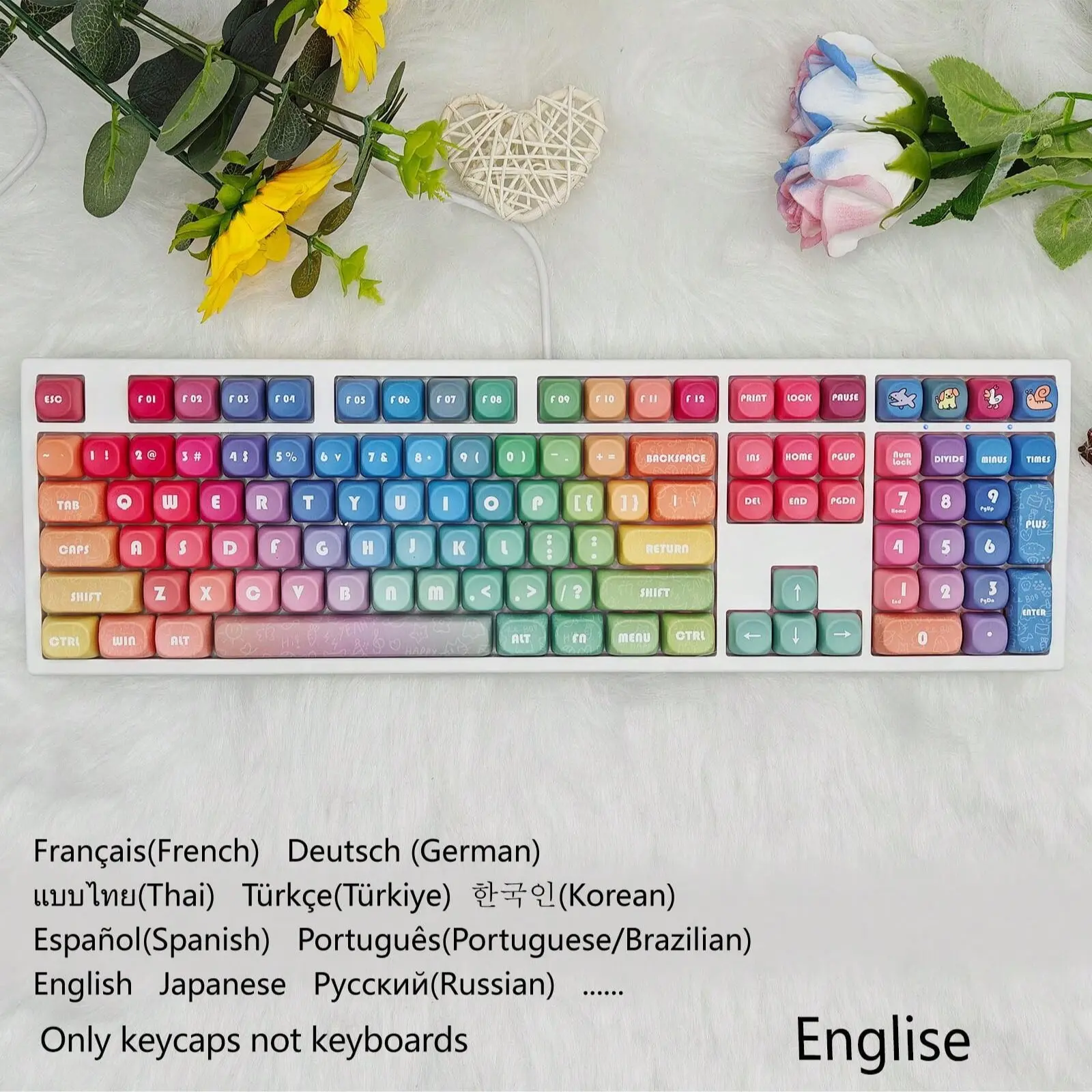 Rainbow Candy Moa Height Mechanical Keyboard Keycaps, Pbt Material, Heat Sublimation, Cute Cartoon Design, Rainbow Theme, Compatible with Mx Switches, Cartoon Patterns