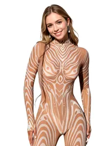 Women's Full Body Bodysuit With White Tribal Tattoo Print Second Skin Illusion Jumpsuit For Cosplay Festival Mesh Festival Party Costume, Fireman Costume, Carnival Tight Dress Woman, Sexy Mesh Dress Woman, Carnival Set Woman, Festival Dress Woman High Nec
