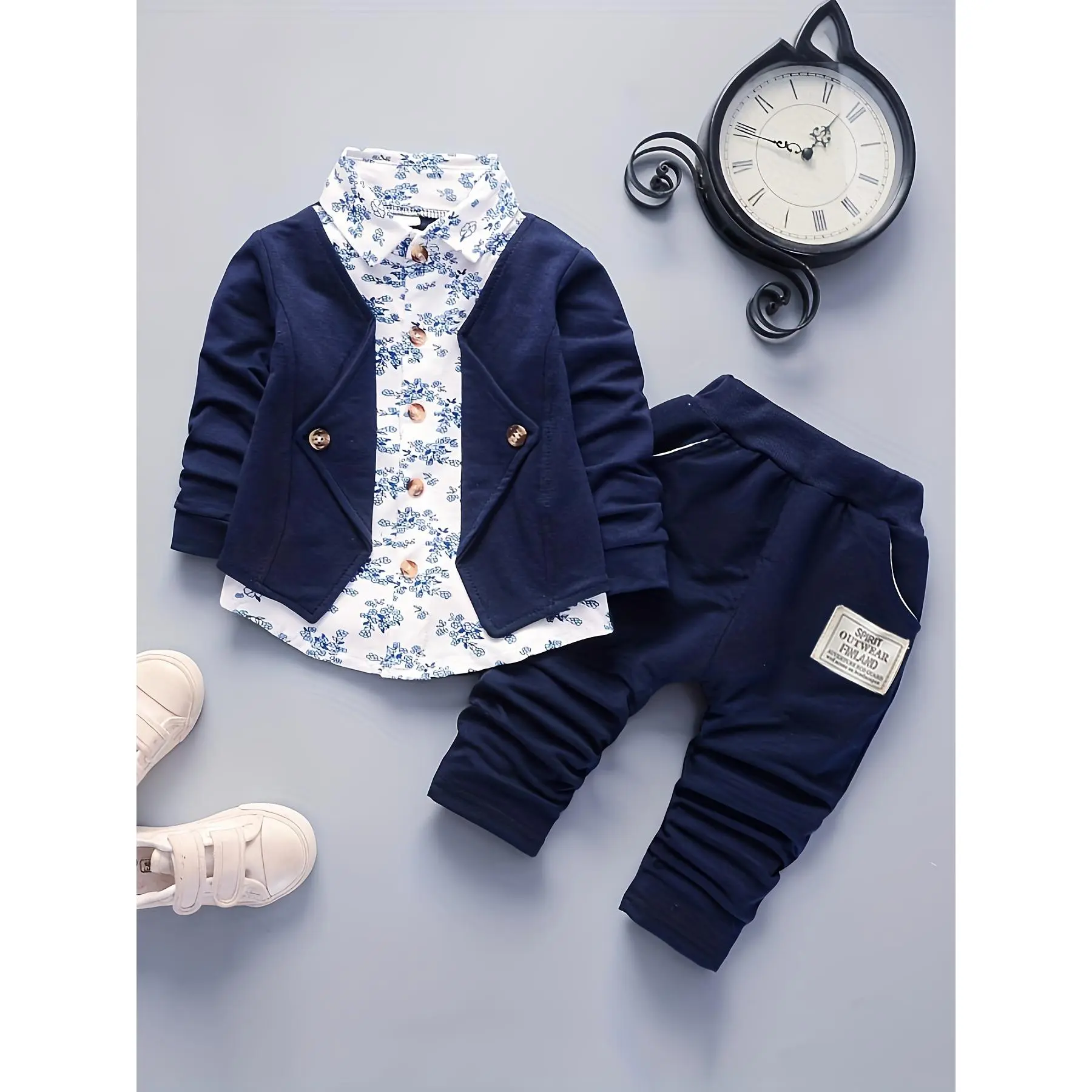 Baby Boys 0-3 Years Gentleman Suit - Formal Party Christening Wedding Tuxedo Bow Suit, Floral Print Fake Two-piece Dress Shirt & Pants Outdoor Set
