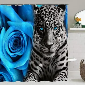 Creative Leopard and Blue Rose Pattern Bathroom Accessories Set, 4 Pieces Including Shower Curtain and Toilet Seat Cover, Fashion Home Decor Gift
