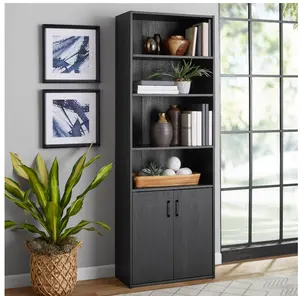 Traditional 5 Shelf Bookcase with Doors, Black Finish