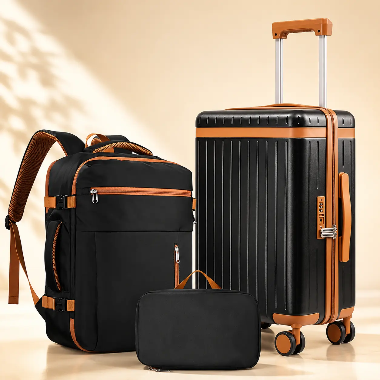 3-piece 20-inch carry-on luggage set with backpack and toiletry bag, hard shell suitcase with TSA lock and 360° spinner wheels, laptop backpack fits 15.6-inch computer, travel set for business trips