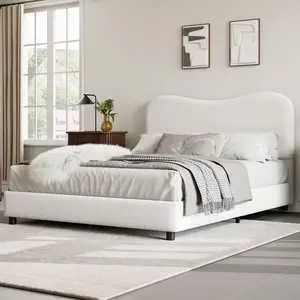 Garvee White Boucle Full Size Bed Frame with Upholstered Headboard, Soft Low Profile Sturdy Platform, Rounded Corners Design, Heavy Duty Wooden Slats, Noise Free, No Box Spring Needed